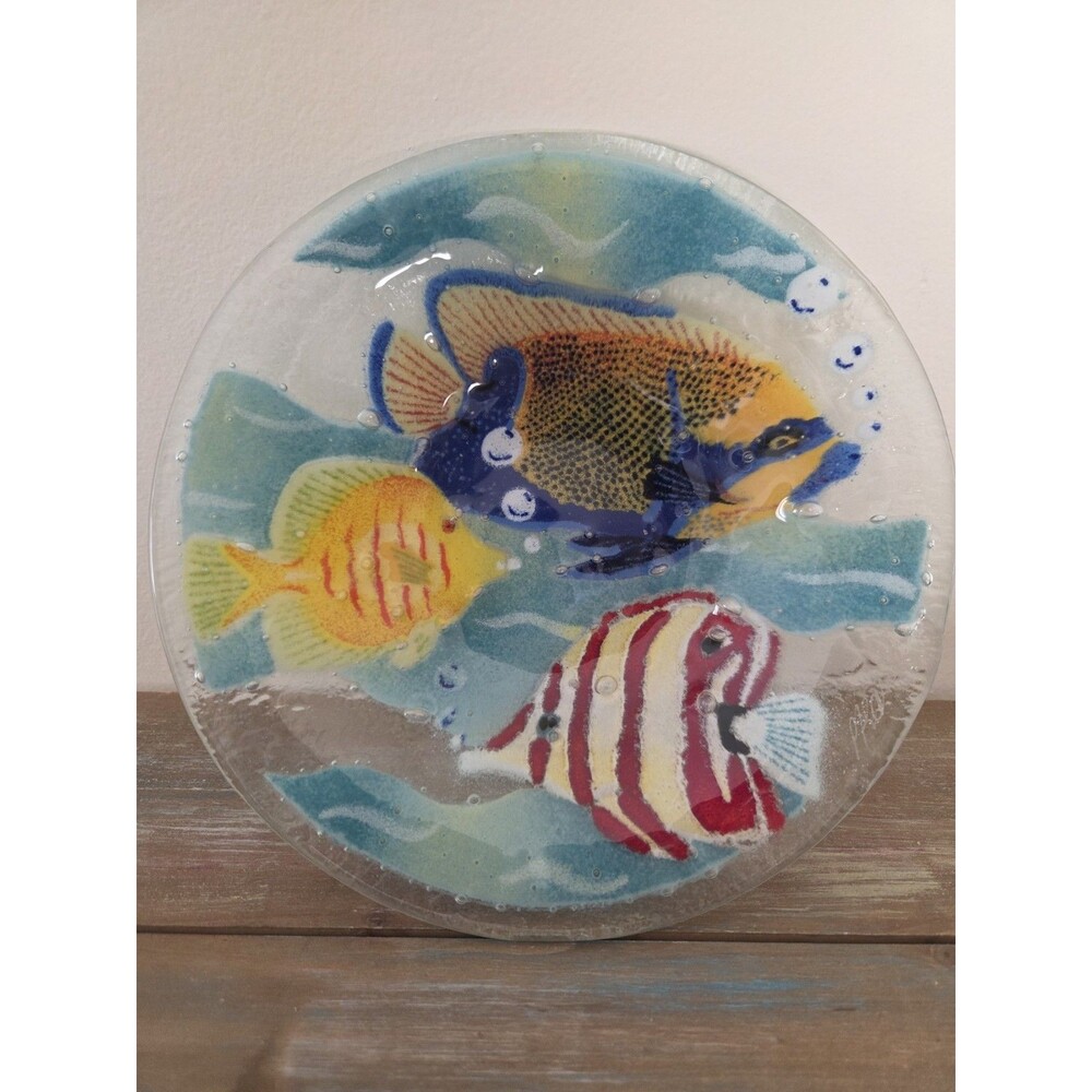 Peggy Karr Tropical Fish Art Signed 8” Fused Glass Bowl  Glass Ocean Sea Decor